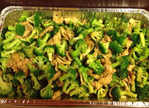 Large catering size of broccoli with meat in aluminum pan