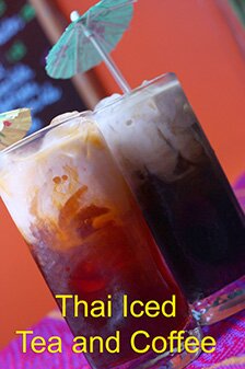Thai iced tea and coffee drinks with umbrellas